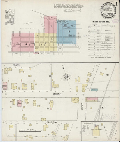Sanborn Fire Insurance Map from Cleveland, Bradley County, Tennessee (1887), Sheet #0001 - Complete Map Set gallery image, historic Sanborn map, vintage wall art, Tennessee Tennessee