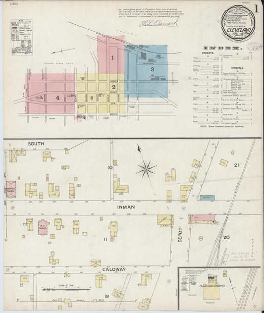 Sanborn Fire Insurance Map from Cleveland, Bradley County, Tennessee (1887), Sheet #0001 - Complete Map Set gallery image, historic Sanborn map, vintage wall art, Tennessee Tennessee
