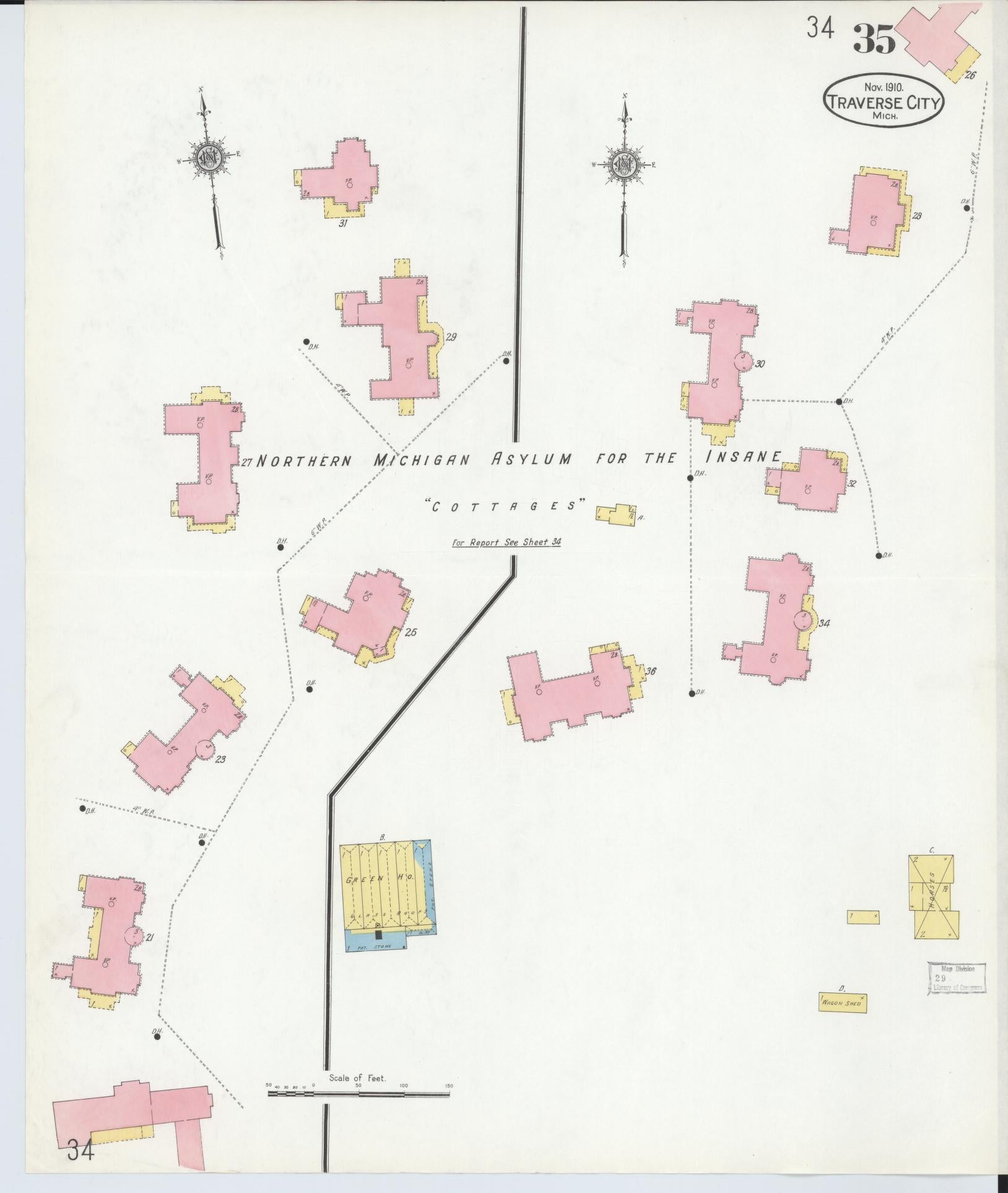 Sanborn Fire Insurance Map from Traverse City, Grand Traverse County, Michigan (1910), Sheet #0035 - Historic Sanborn Fire Insurance Map Print, vintage old map wall art, antique decor, genealogy gift, Michigan Michigan map