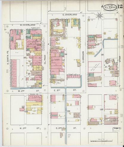 Sanborn Fire Insurance Map from El Paso, El Paso County, Texas (1893), Sheet #0012 - Historic Sanborn Fire Insurance Map Print, vintage old map wall art, antique decor, genealogy gift, Texas Texas map