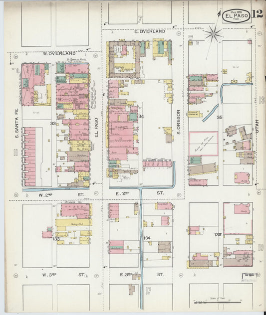 Sanborn Fire Insurance Map from El Paso, El Paso County, Texas (1893), Sheet #0012 - Historic Sanborn Fire Insurance Map Print, vintage old map wall art, antique decor, genealogy gift, Texas Texas map