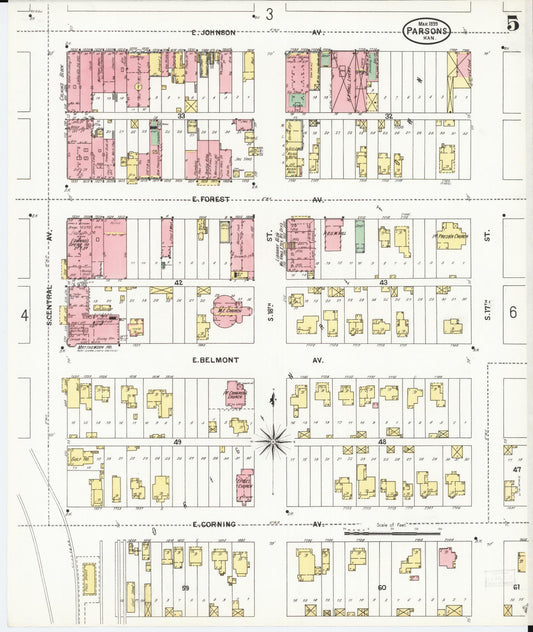 Sanborn Fire Insurance Map from Parsons, Labette County, Kansas (1899), Sheet #0005 - Historic Sanborn Fire Insurance Map Print, vintage old map wall art, antique decor, genealogy gift, Kansas Kansas map
