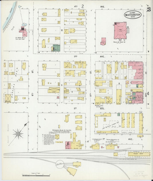 Sanborn Fire Insurance Map from Worthington, Nobles County, Minnesota (1900), Sheet #0003 - Historic Sanborn Fire Insurance Map Print, vintage old map wall art, antique decor, genealogy gift, Minnesota Minnesota map