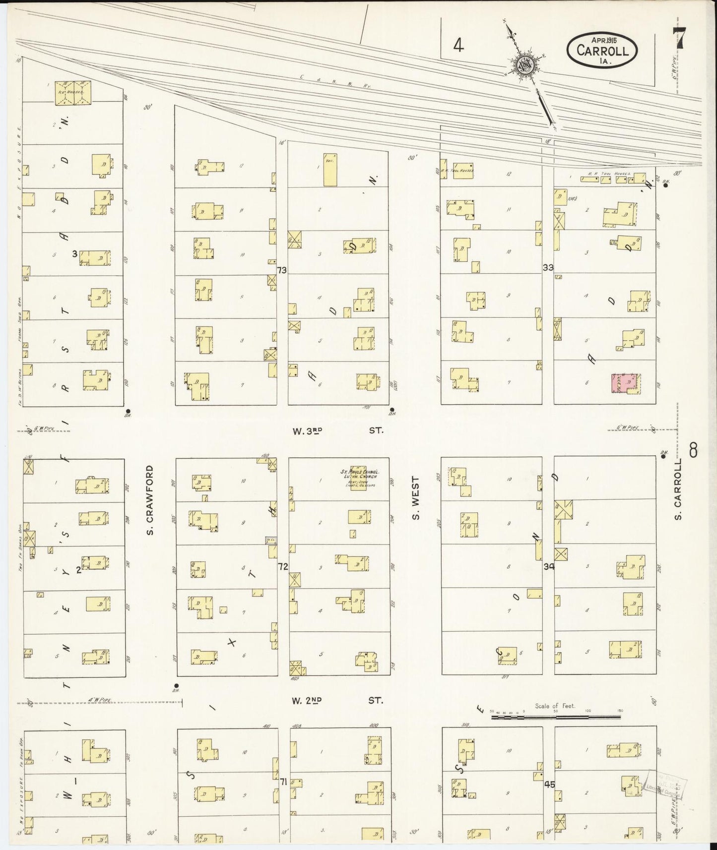 Sanborn Fire Insurance Map from Carroll, Carroll County, Iowa (1915), Sheet #0007 - Historic Sanborn Fire Insurance Map Print, vintage old map wall art