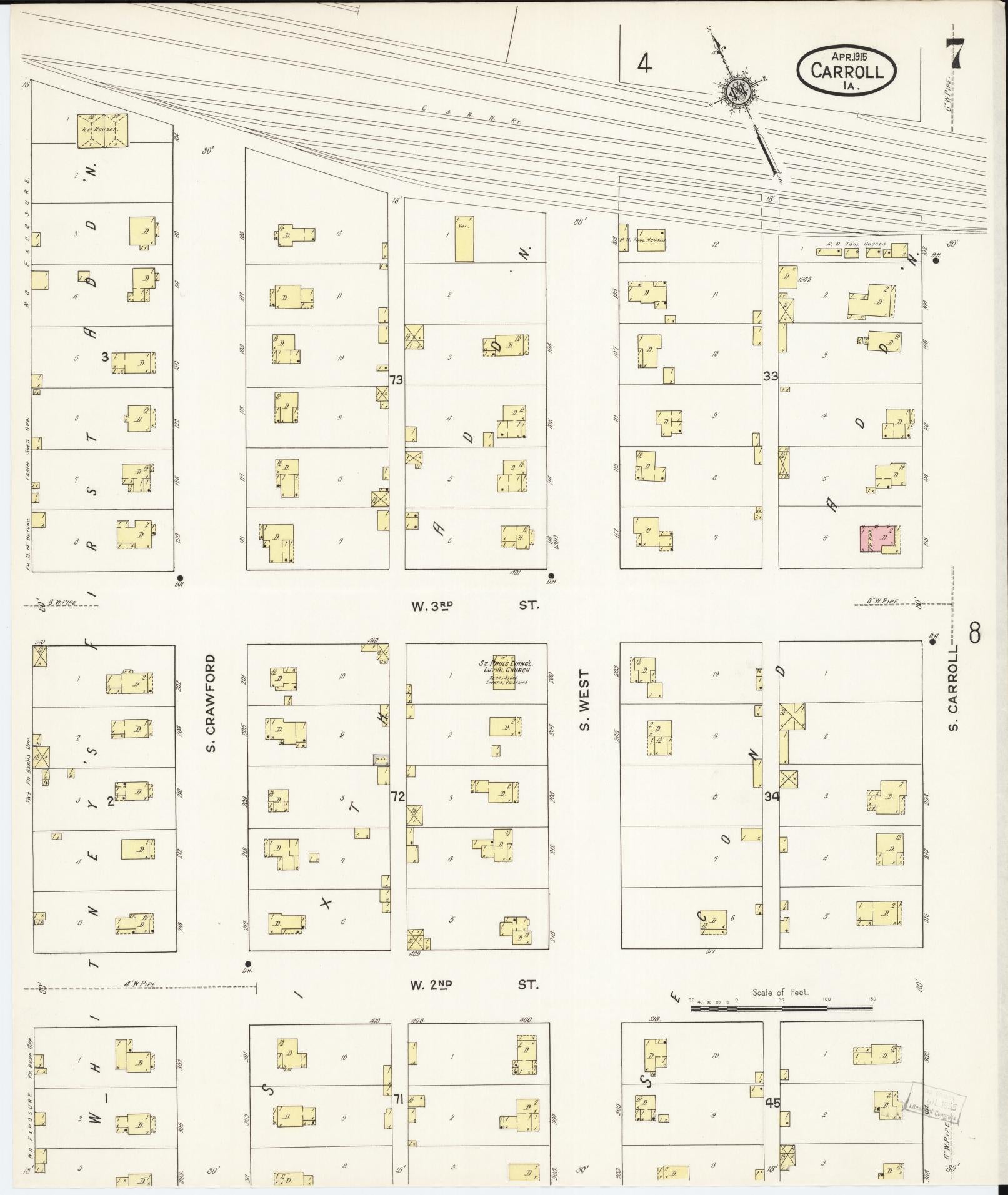 Sanborn Fire Insurance Map from Carroll, Carroll County, Iowa (1915), Sheet #0007 - Historic Sanborn Fire Insurance Map Print, vintage old map wall art
