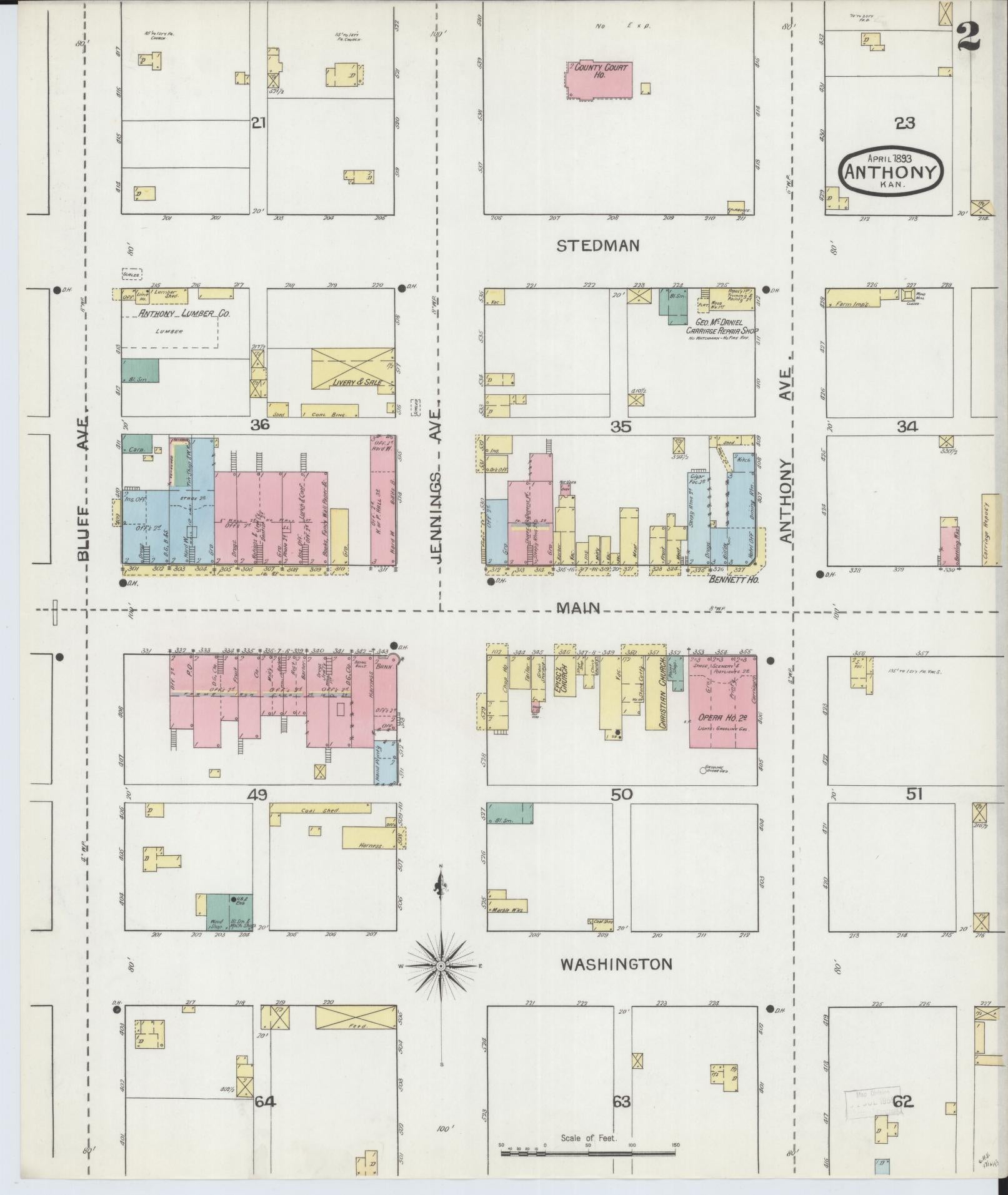 Sanborn Fire Insurance Map from Anthony, Harper County, Kansas (1893), Sheet #0002 - Complete Map Set gallery image, historic Sanborn map, vintage wall art, Kansas Kansas