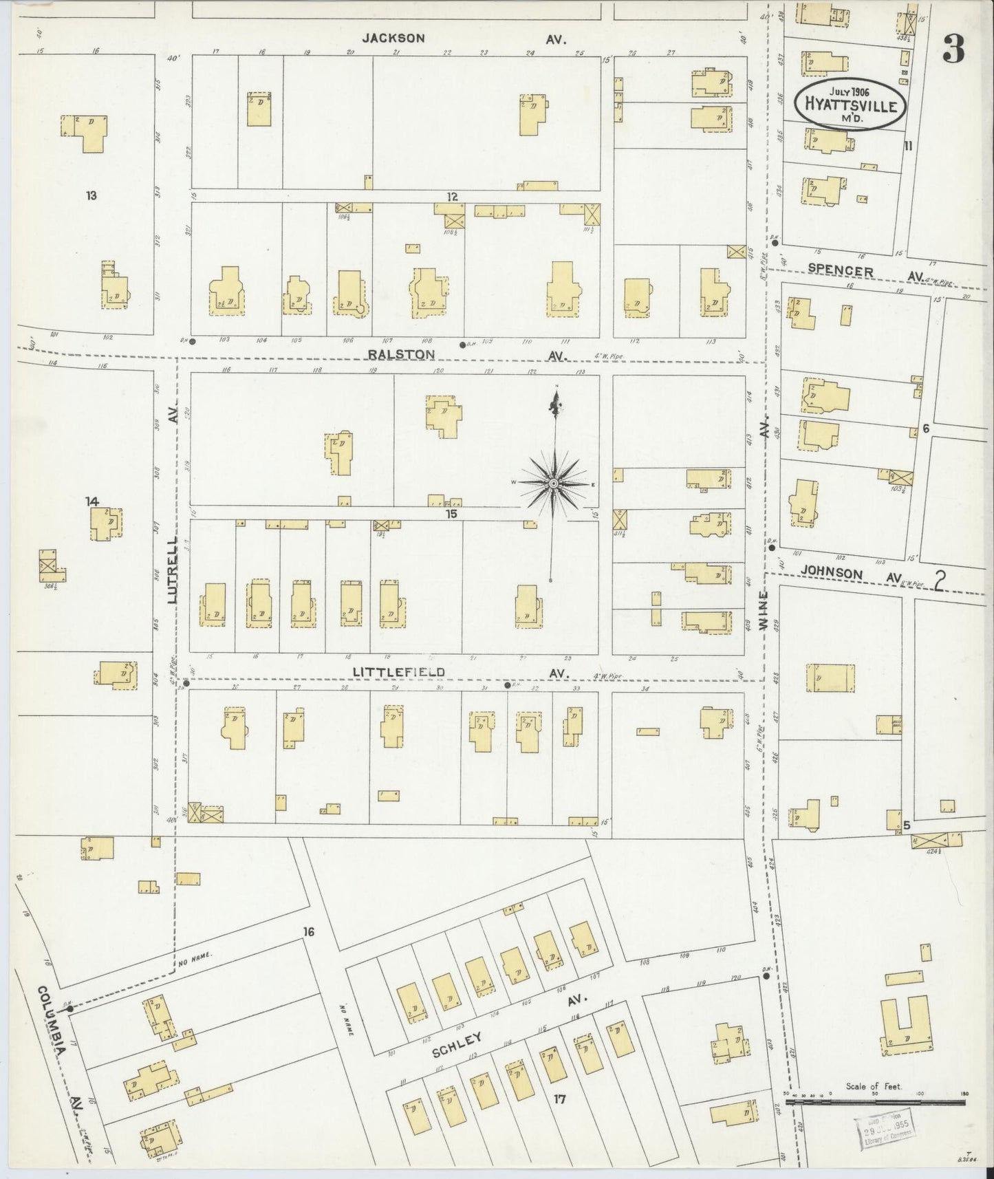 Sanborn Fire Insurance Map from Hyattsville, Prince Georges County, Maryland (1906), Sheet #0003 - Historic Sanborn Fire Insurance Map Print, vintage old map wall art