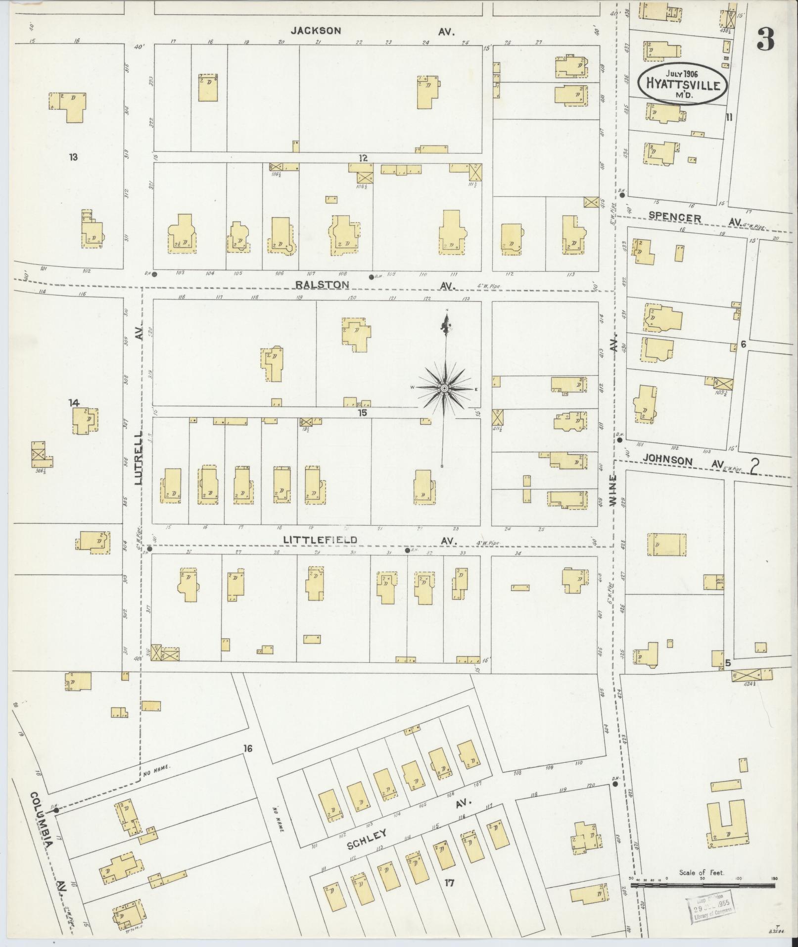 Sanborn Fire Insurance Map from Hyattsville, Prince Georges County, Maryland (1906), Sheet #0003 - Historic Sanborn Fire Insurance Map Print, vintage old map wall art