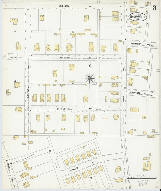 Sanborn Fire Insurance Map from Hyattsville, Prince Georges County, Maryland (1906), Sheet #0003 - Historic Sanborn Fire Insurance Map Print, vintage old map wall art