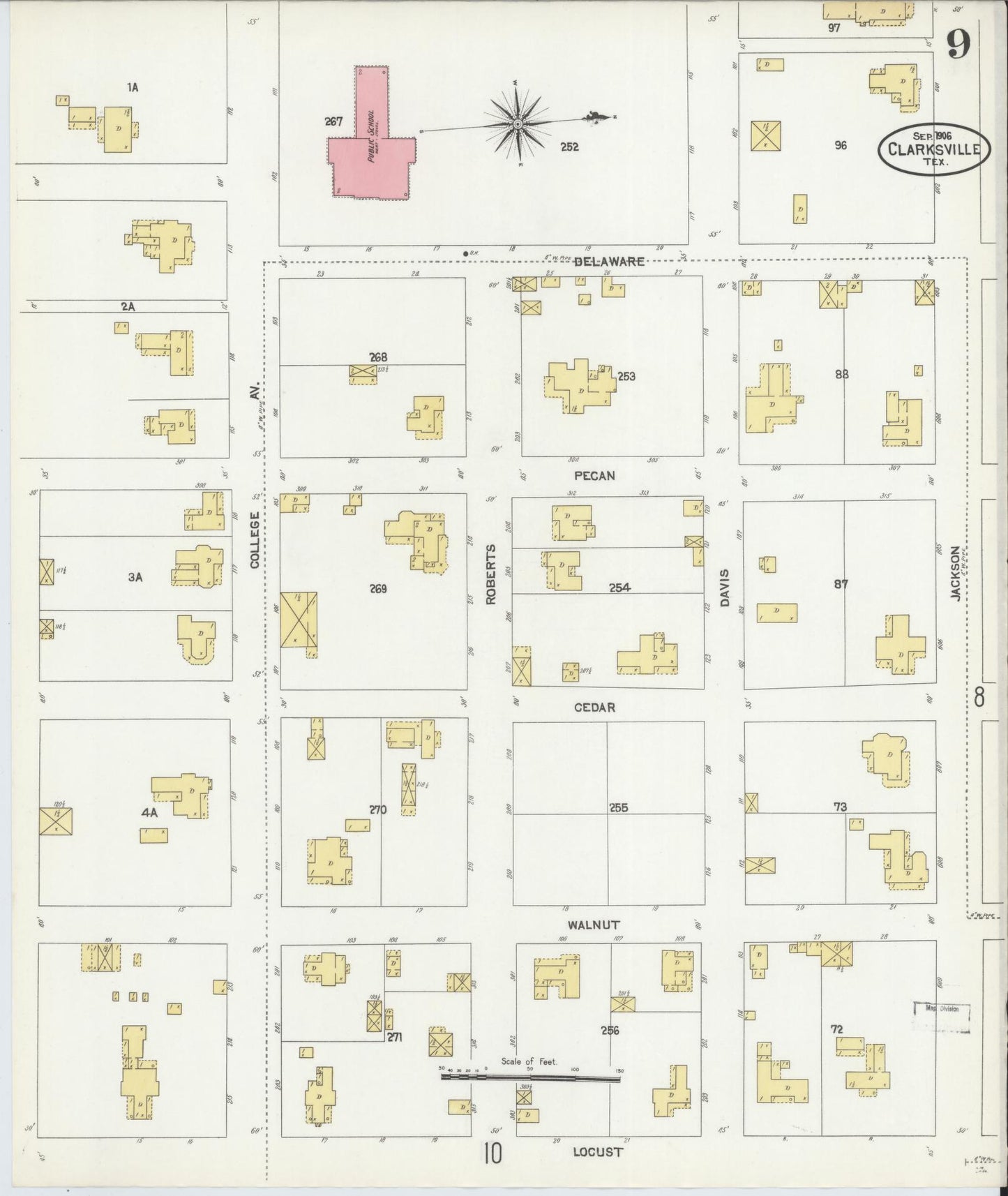 Sanborn Fire Insurance Map from Clarksville, Red River County, Texas (1906), Sheet #0009 - Complete Map Set gallery image, historic Sanborn map, vintage wall art, Texas Texas