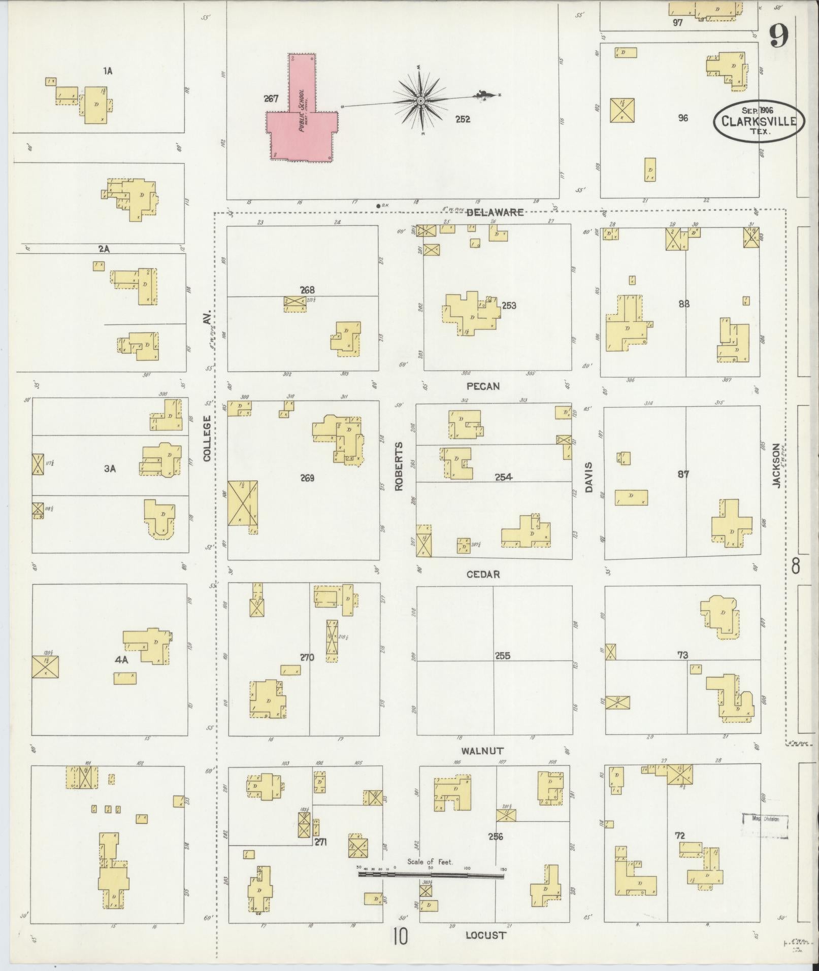 Sanborn Fire Insurance Map from Clarksville, Red River County, Texas (1906), Sheet #0009 - Complete Map Set gallery image, historic Sanborn map, vintage wall art, Texas Texas
