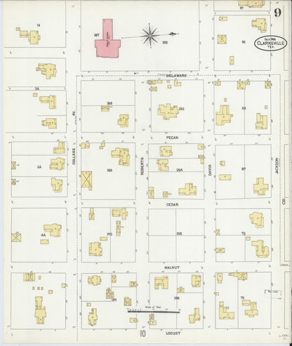 Sanborn Fire Insurance Map from Clarksville, Red River County, Texas (1906), Sheet #0009 - Complete Map Set gallery image, historic Sanborn map, vintage wall art, Texas Texas