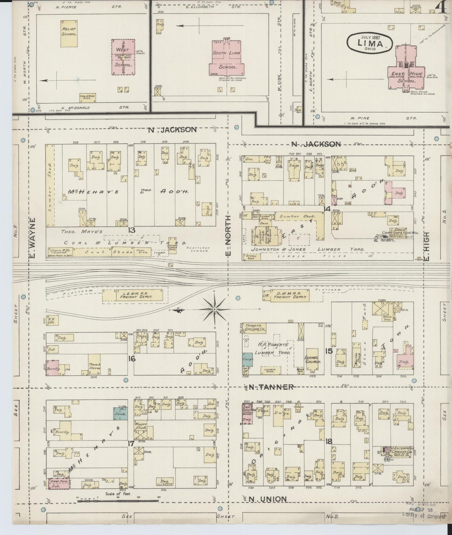 Sanborn Fire Insurance Map from Lima, Allen County, Ohio (1887), Sheet #0004 - Historic Sanborn Fire Insurance Map Print, vintage old map wall art, antique decor, genealogy gift, Ohio Ohio map