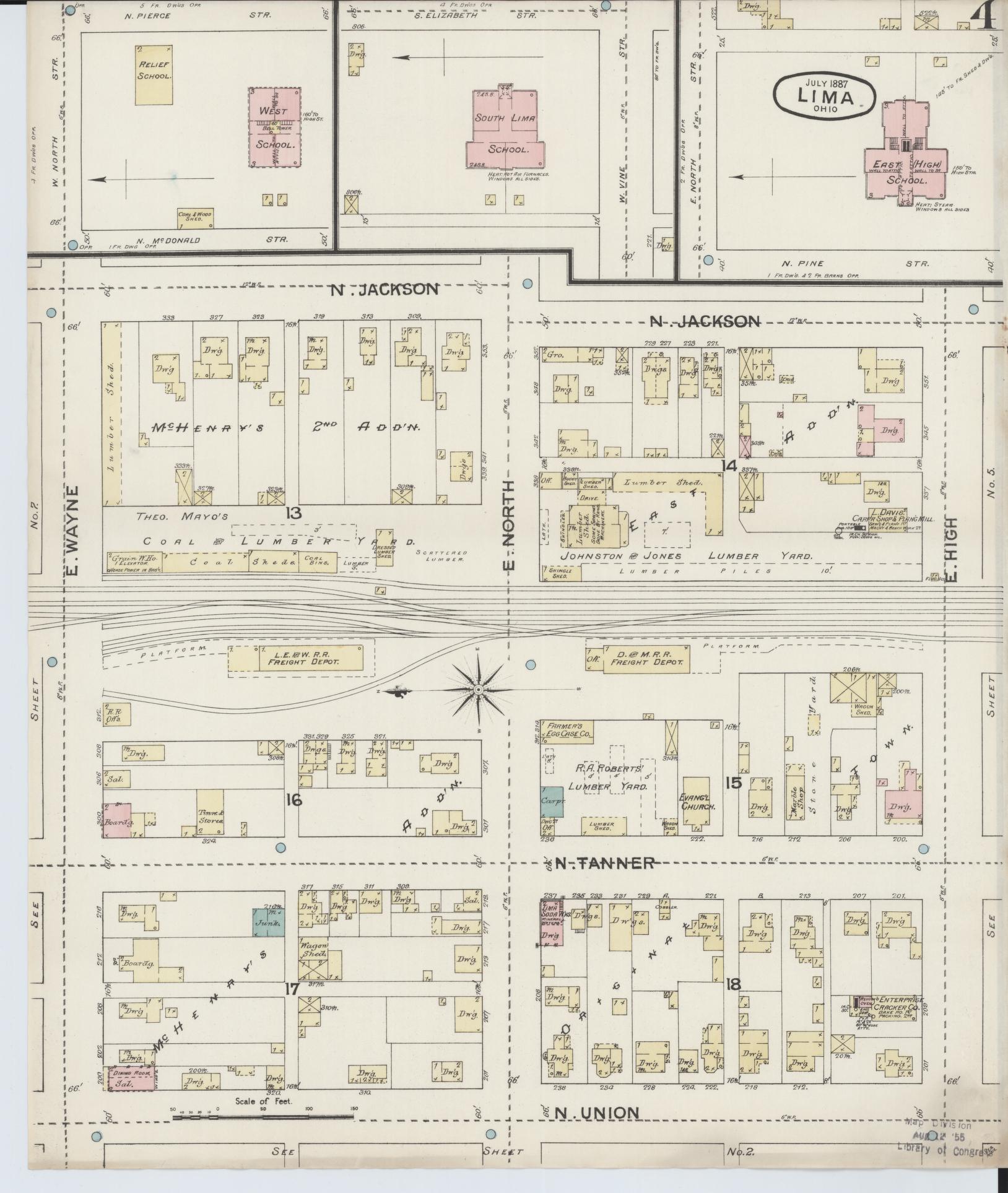 Sanborn Fire Insurance Map from Lima, Allen County, Ohio (1887), Sheet #0004 - Historic Sanborn Fire Insurance Map Print, vintage old map wall art, antique decor, genealogy gift, Ohio Ohio map