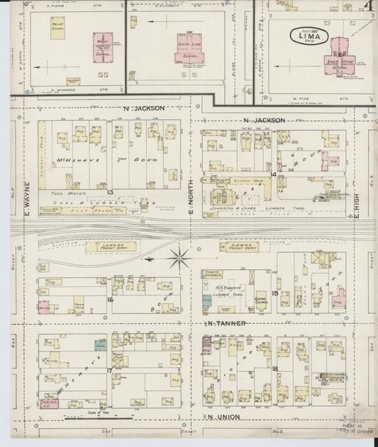 Sanborn Fire Insurance Map from Lima, Allen County, Ohio (1887), Sheet #0004 - Historic Sanborn Fire Insurance Map Print, vintage old map wall art, antique decor, genealogy gift, Ohio Ohio map