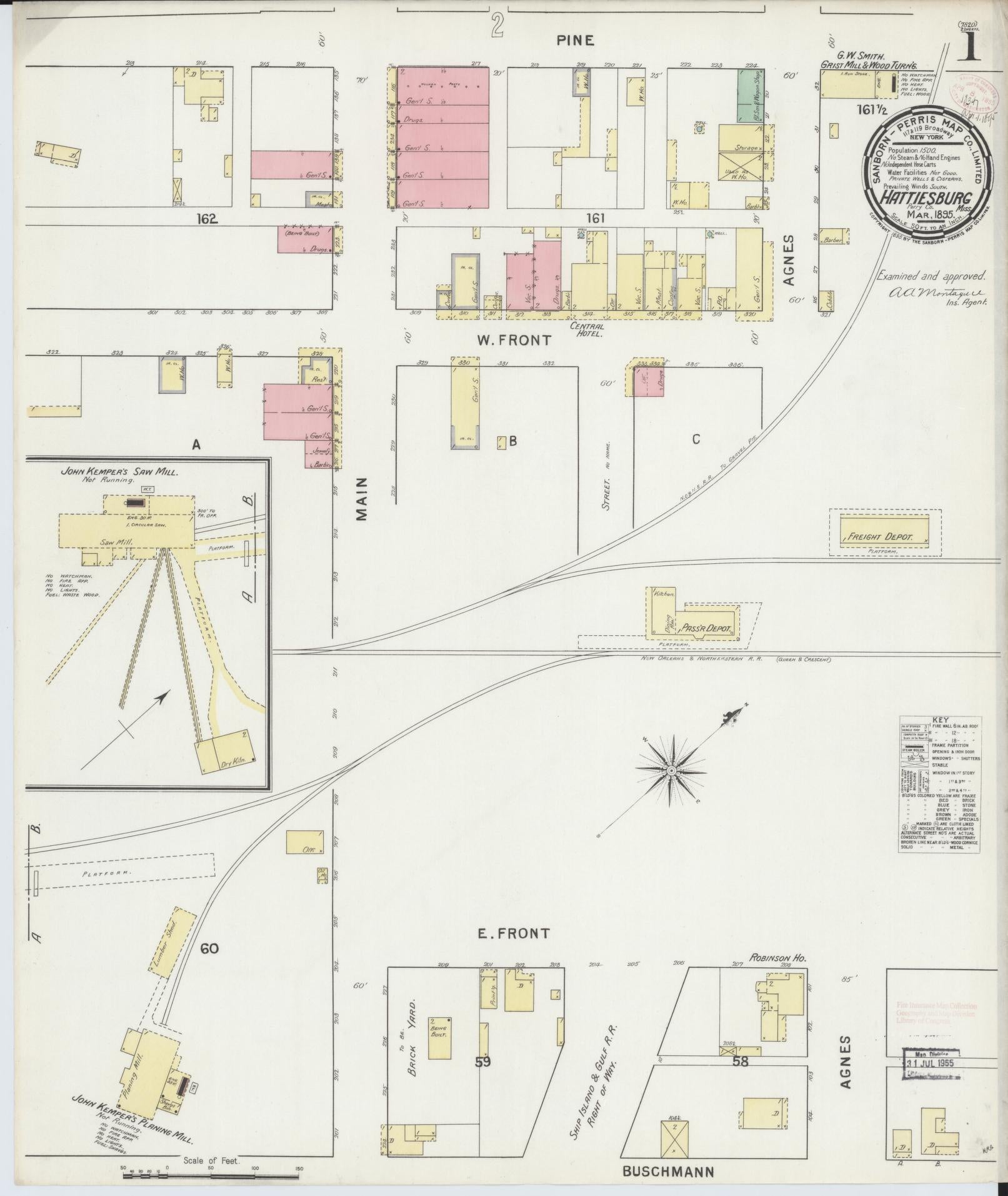 Sanborn Fire Insurance Map from Hattiesburg, Forrest County, Mississippi (1895), Sheet #0001 - Complete Map Set gallery image, historic Sanborn map, vintage wall art, Mississippi Mississippi