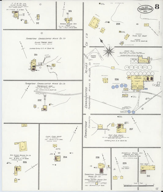 Sanborn Fire Insurance Map from Tombstone, Cochise County, Arizona (1909), Sheet #0008 - Historic Sanborn Fire Insurance Map Print, vintage old map wall art, antique decor, genealogy gift, Arizona Arizona map
