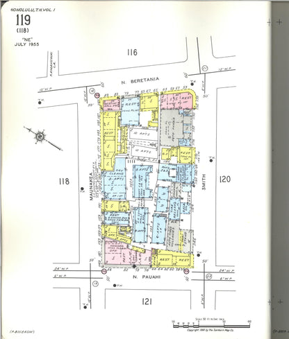 Sanborn Fire Insurance Map from Honolulu, Oahu County, Hawaii (1955), Sheet #0119 - Historic Sanborn Fire Insurance Map Print, vintage old map wall art