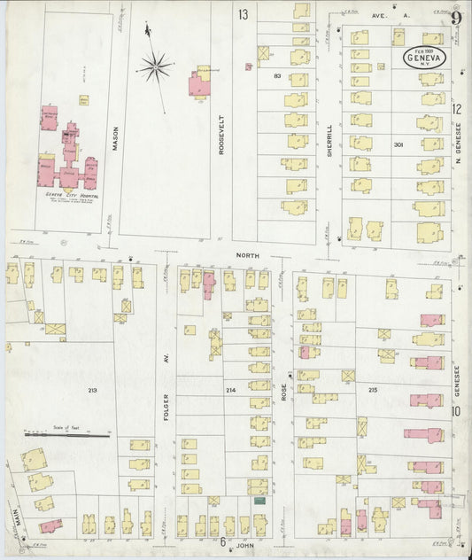 Sanborn Fire Insurance Map from Geneva, Ontario County, New York (1909), Sheet #0009 - Historic Sanborn Fire Insurance Map Print, vintage old map wall art, antique decor, genealogy gift, New York New York map