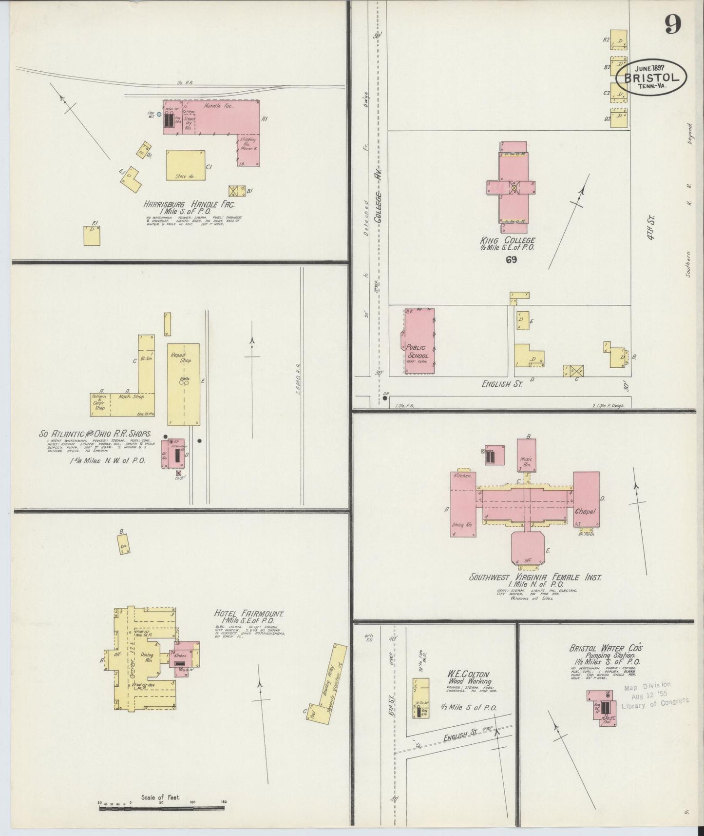 Sanborn Fire Insurance Map from Bristol, Sullivan County, Tennessee (1898), Sheet #0009 - Complete Map Set gallery image, historic Sanborn map, vintage wall art, Tennessee Tennessee