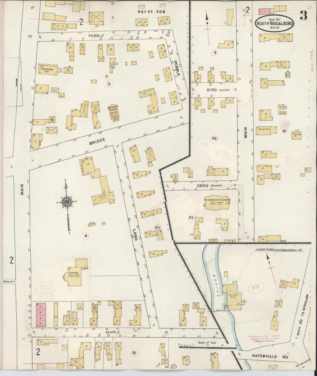 Sanborn Fire Insurance Map from North Vassalboro, Kennebec County, Maine (1927), Sheet #0003 - Complete Map Set gallery image, historic Sanborn map, vintage wall art, Maine Maine
