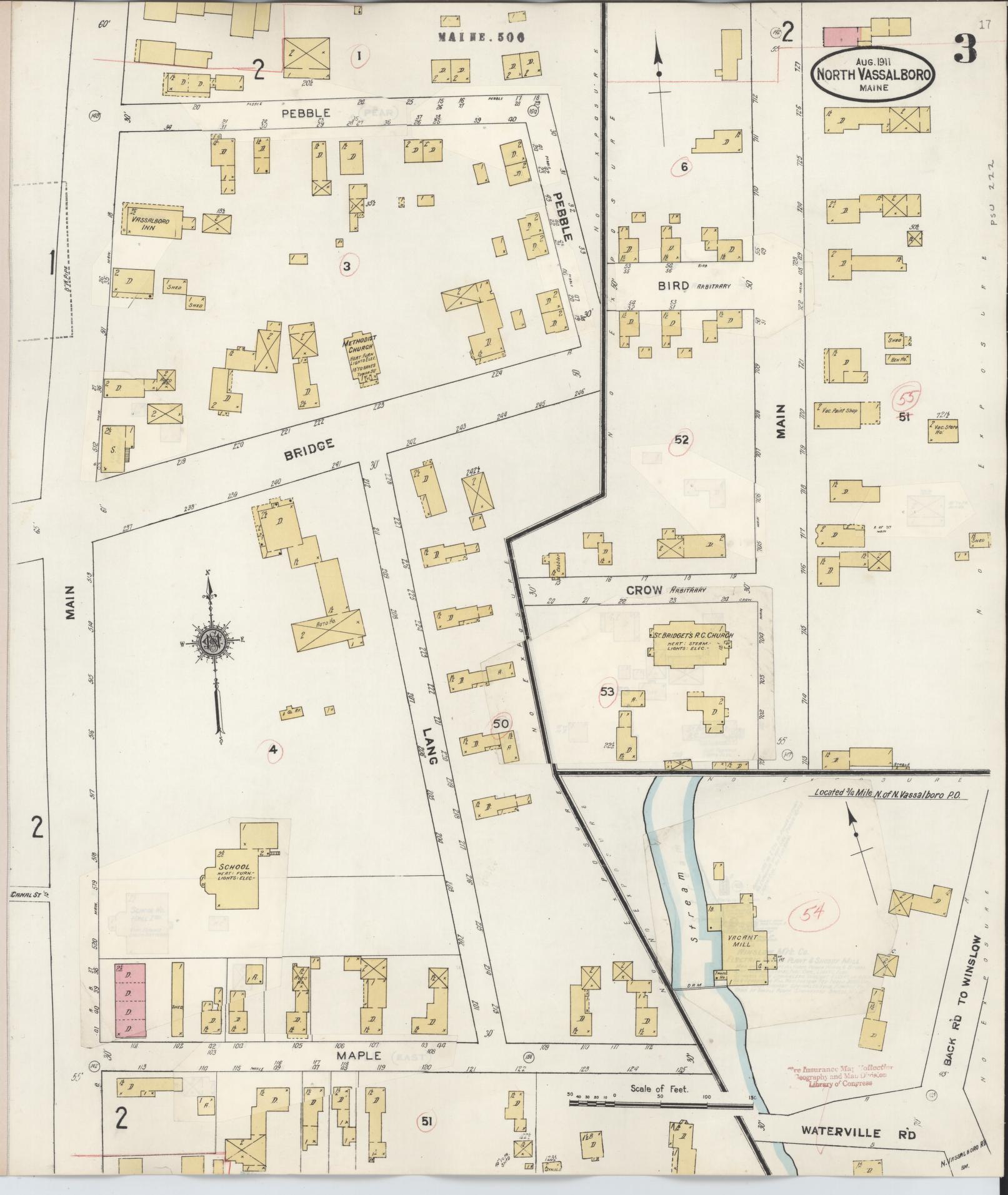 Sanborn Fire Insurance Map from North Vassalboro, Kennebec County, Maine (1927), Sheet #0003 - Complete Map Set gallery image, historic Sanborn map, vintage wall art, Maine Maine