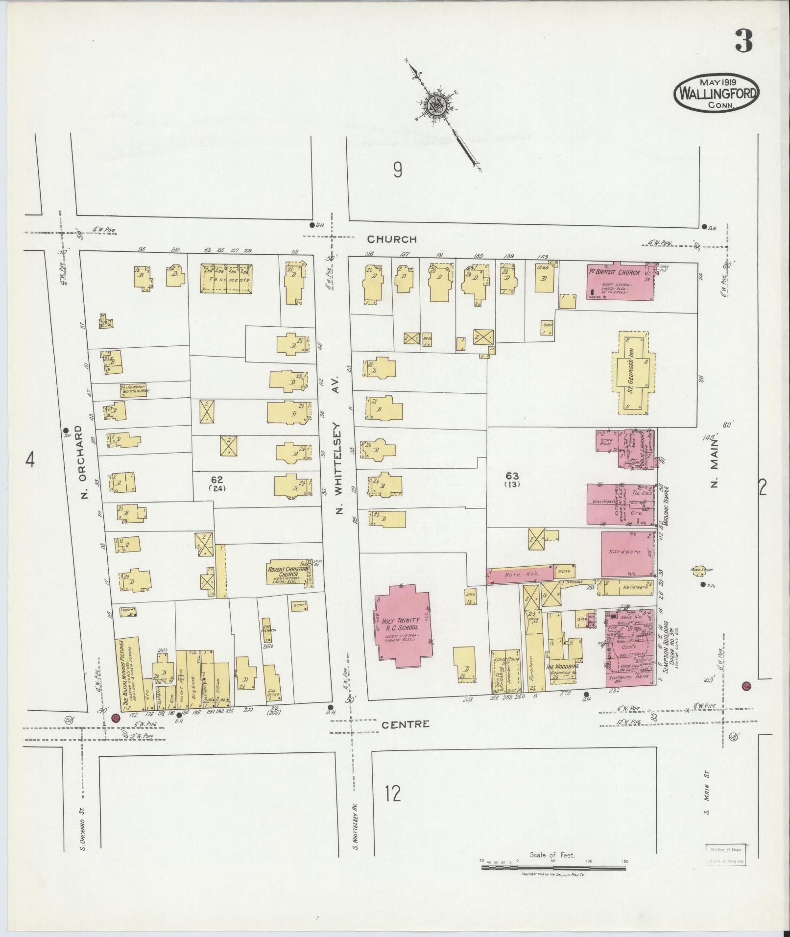 Sanborn Fire Insurance Map from Wallingford, New Haven County, Connecticut (1919), Sheet #0003 - Historic Sanborn Fire Insurance Map Print, vintage old map wall art, antique decor, genealogy gift, Connecticut Connecticut map
