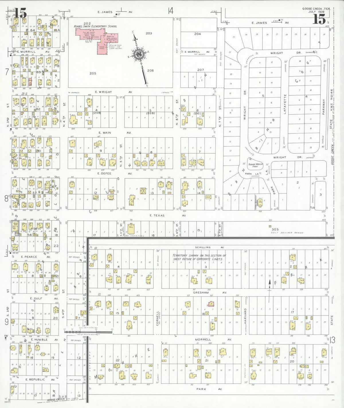 Sanborn Fire Insurance Map from Goose Creek, Harris County, Texas (1939), Sheet #0015 - Complete Map Set gallery image, historic Sanborn map, vintage wall art, Texas Texas