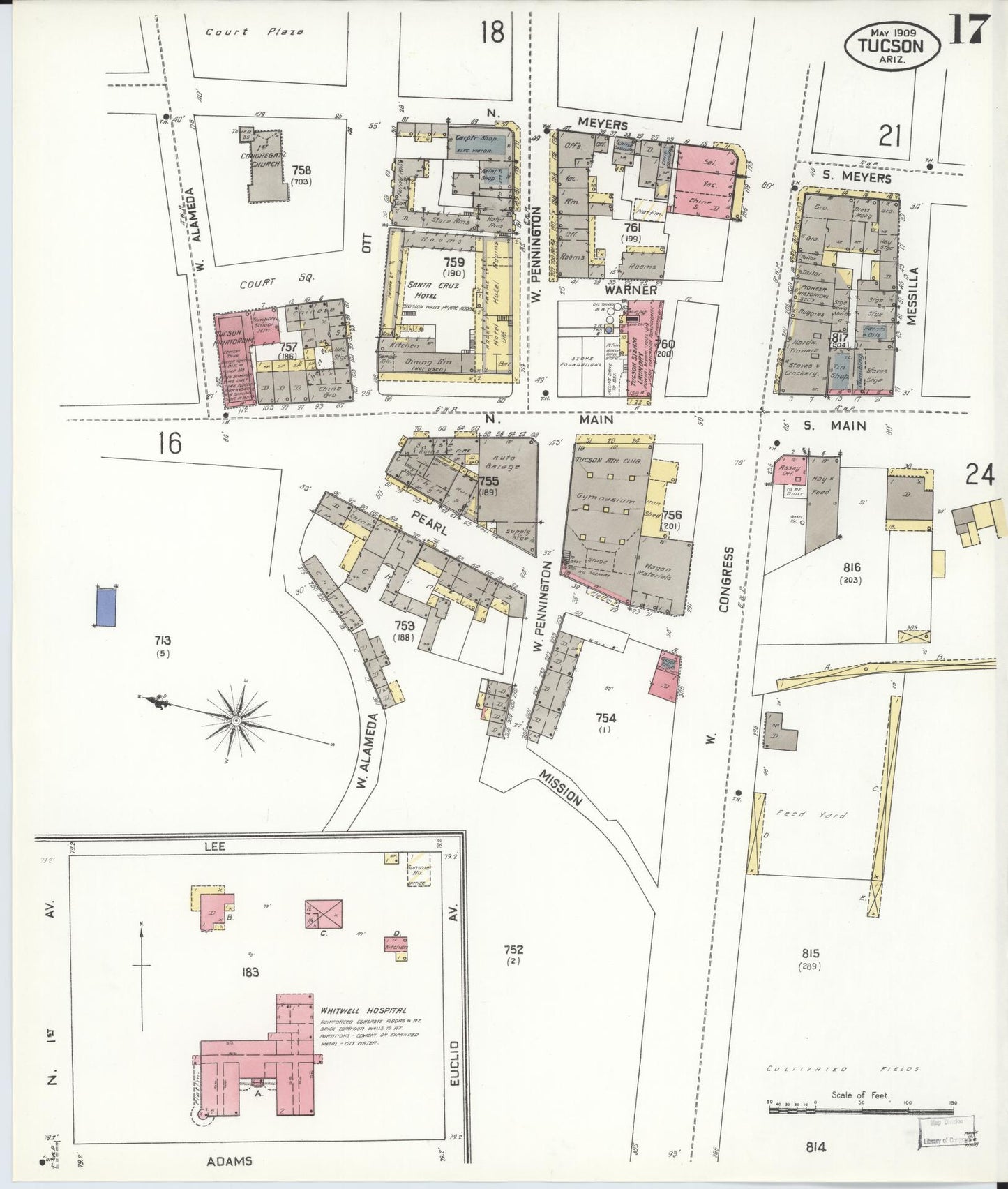 Sanborn Fire Insurance Map from Tucson, Pima County, Arizona (1909), Sheet #0017 - Complete Map Set gallery image, historic Sanborn map, vintage wall art, Arizona Arizona