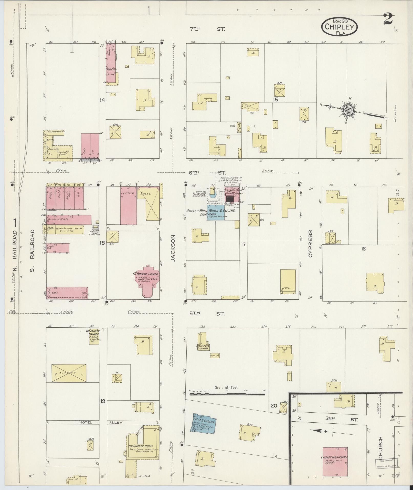 Sanborn Fire Insurance Map from Chipley, Washington County, Florida (1913), Sheet #0002 - Complete Map Set gallery image, historic Sanborn map, vintage wall art, Florida Florida