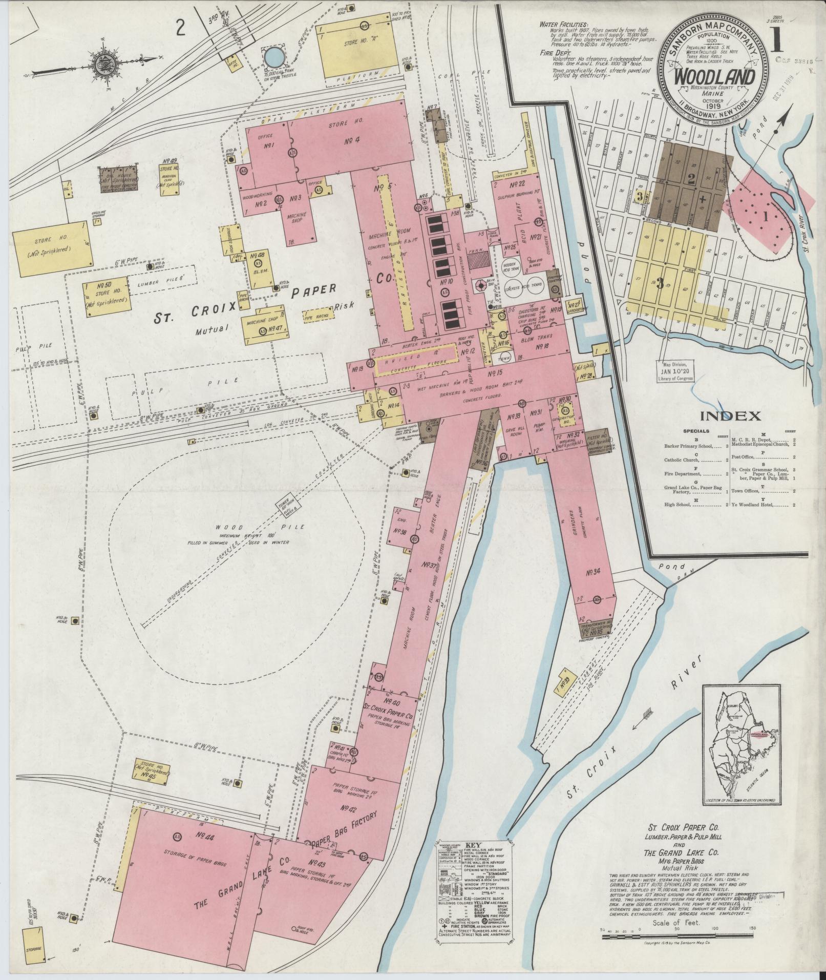 Sanborn Fire Insurance Map from Woodland, Washington County, Maine (1919), Sheet #0001 - Complete Map Set gallery image, historic Sanborn map, vintage wall art, Maine Maine