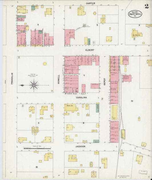 Sanborn Fire Insurance Map from Hartwell, Hart County, Georgia (1901), Sheet #0002 - Historic Sanborn Fire Insurance Map Print, vintage old map wall art, antique decor, genealogy gift, Georgia Georgia map