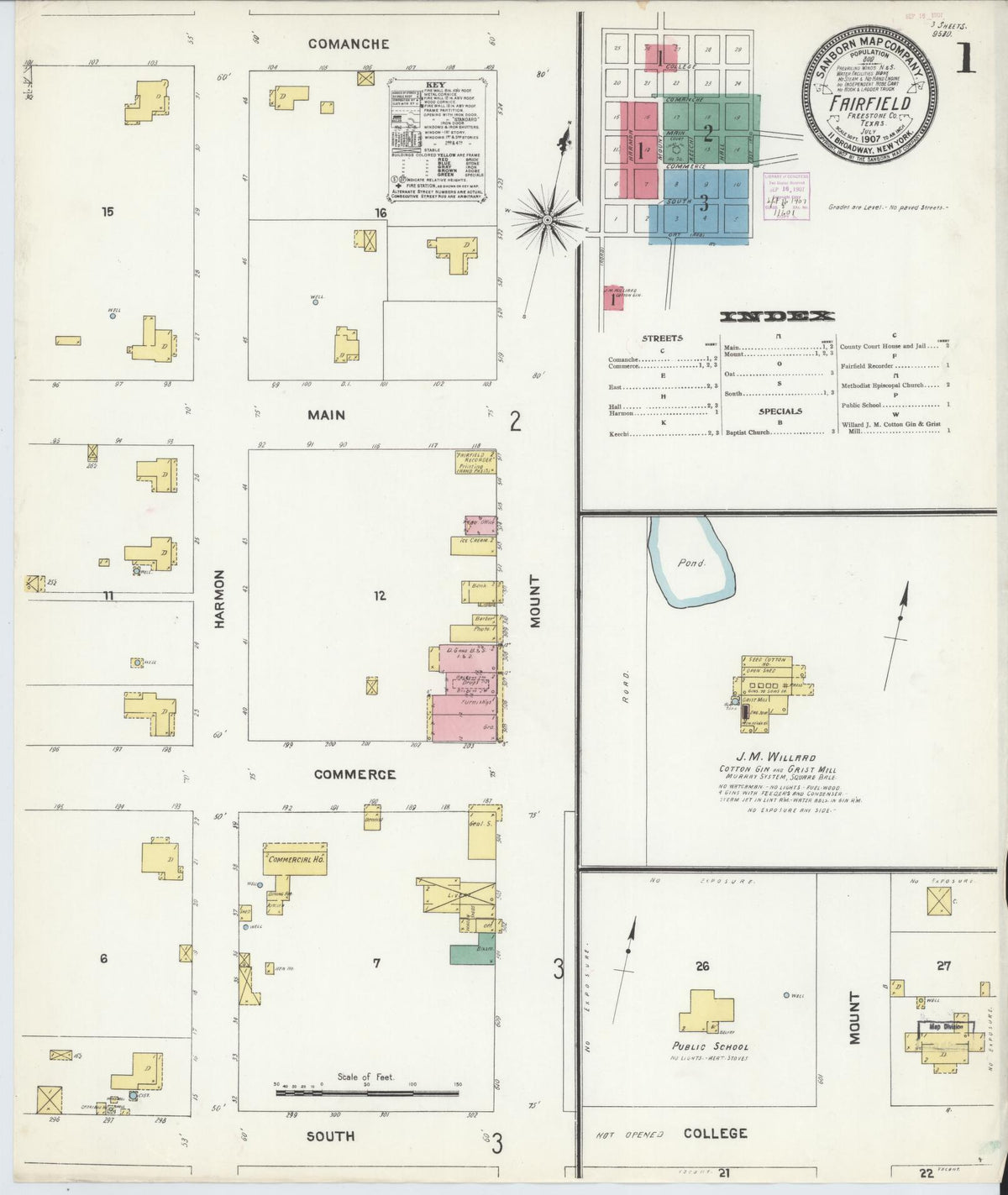 Sanborn Fire Insurance Map from Fairfield, Freestone County, Texas (1907), Sheet #0001 - Complete Map Set gallery image, historic Sanborn map, vintage wall art, Texas Texas