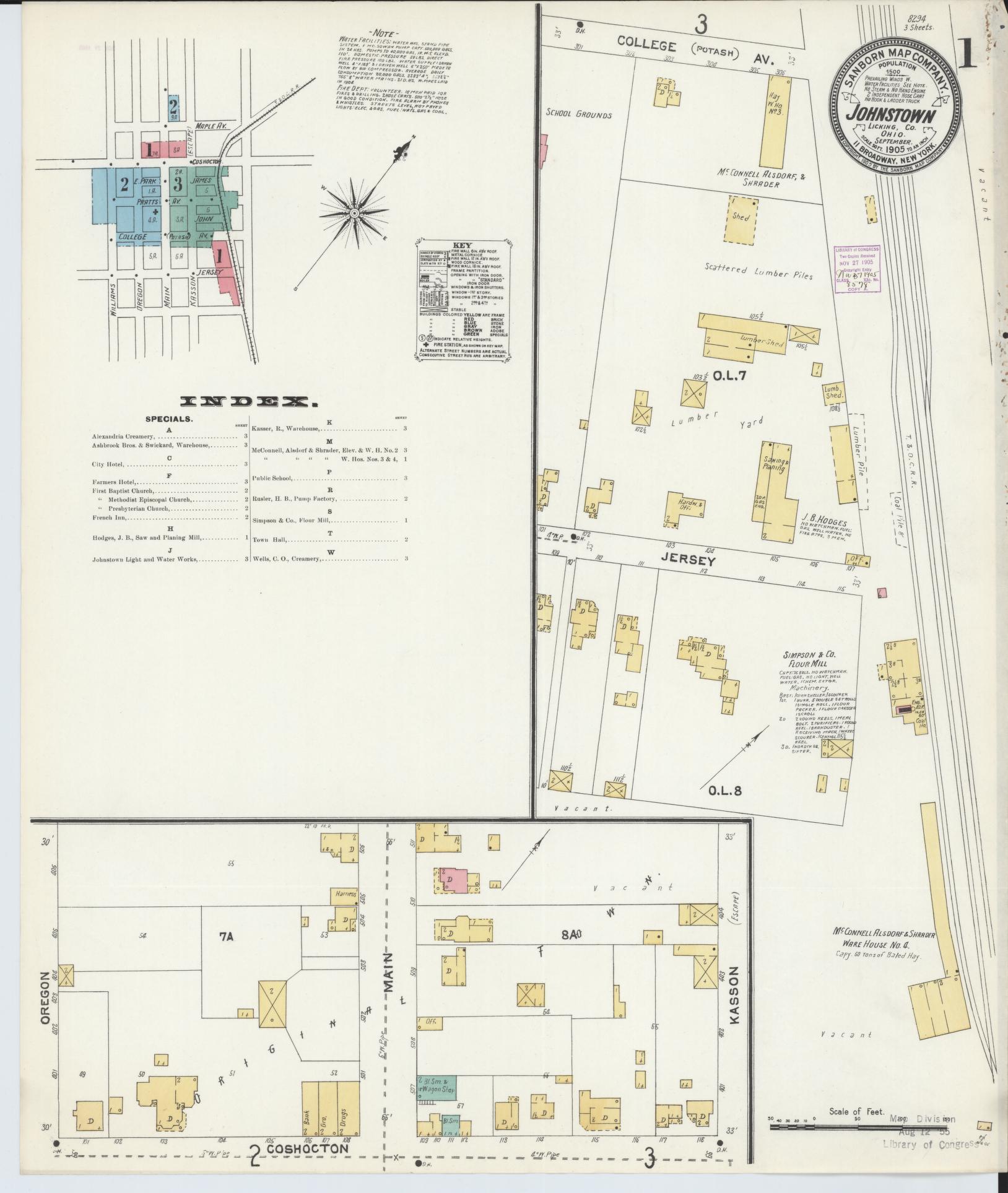 Sanborn Fire Insurance Map from Johnstown, Licking County, Ohio (1905), Sheet #0001 - Historic Sanborn Fire Insurance Map Print, vintage old map wall art, antique decor, genealogy gift, Ohio Ohio map