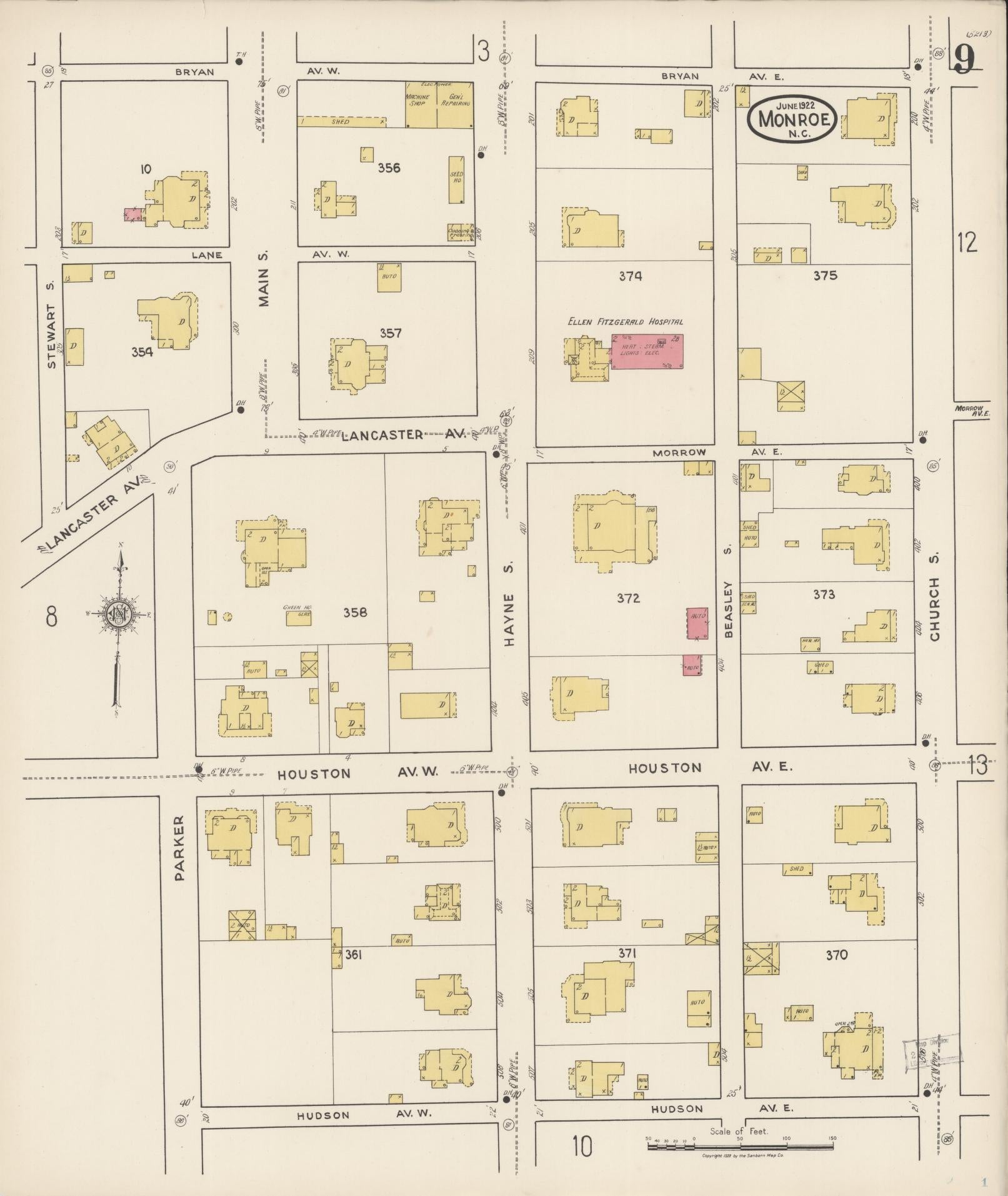 Sanborn Fire Insurance Map from Monroe, Union County, North Carolina (1922), Sheet #0009 - Complete Map Set gallery image, historic Sanborn map, vintage wall art, North Carolina North Carolina