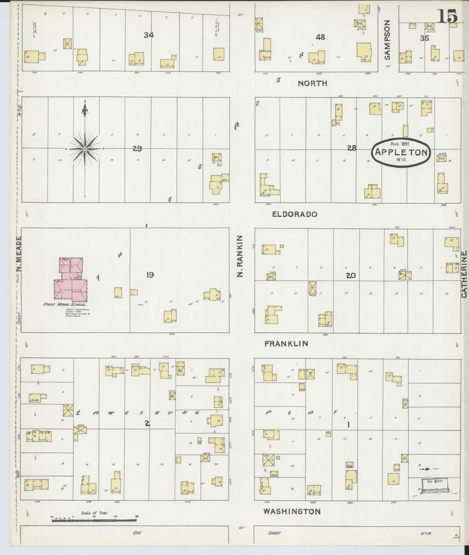 Sanborn Fire Insurance Map from Appleton, Outagamie County, Wisconsin (1891), Sheet #0015 - Historic Sanborn Fire Insurance Map Print, vintage old map wall art, antique decor, genealogy gift, Wisconsin Wisconsin map