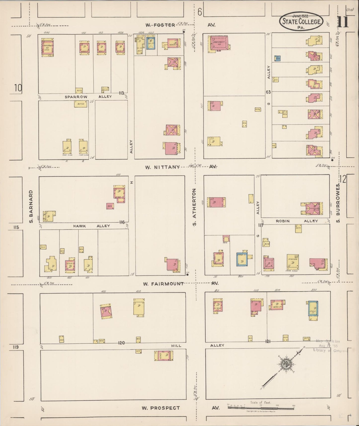Sanborn Fire Insurance Map from State College, Centre County, Pennsylvania (1922), Sheet #0011 - Historic Sanborn Fire Insurance Map Print, vintage old map wall art, antique decor, genealogy gift, Pennsylvania Pennsylvania map