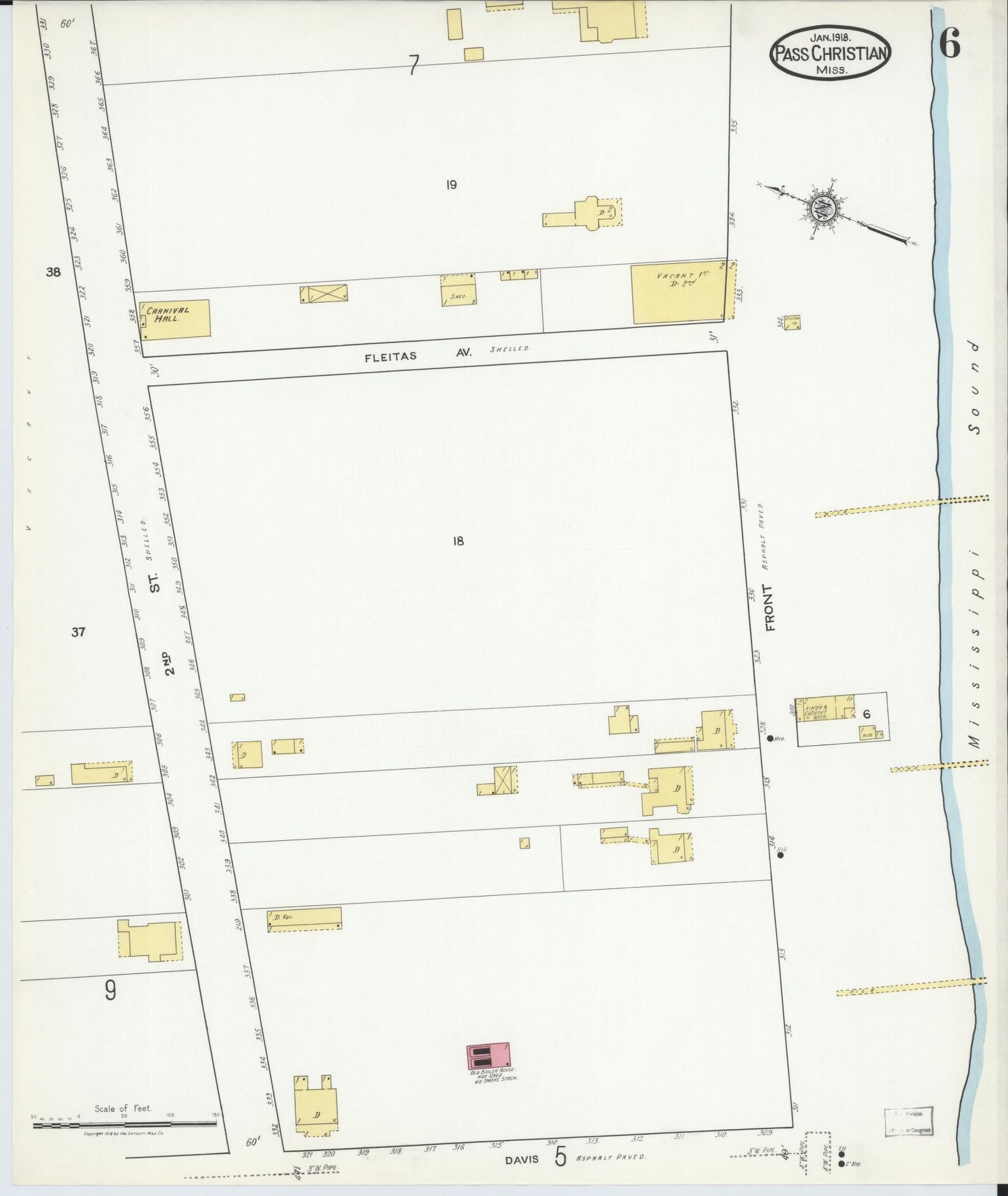 Sanborn Fire Insurance Map from Pass Christian, Harrison County, Mississippi (1918), Sheet #0006 - Complete Map Set gallery image, historic Sanborn map, vintage wall art, Mississippi Mississippi
