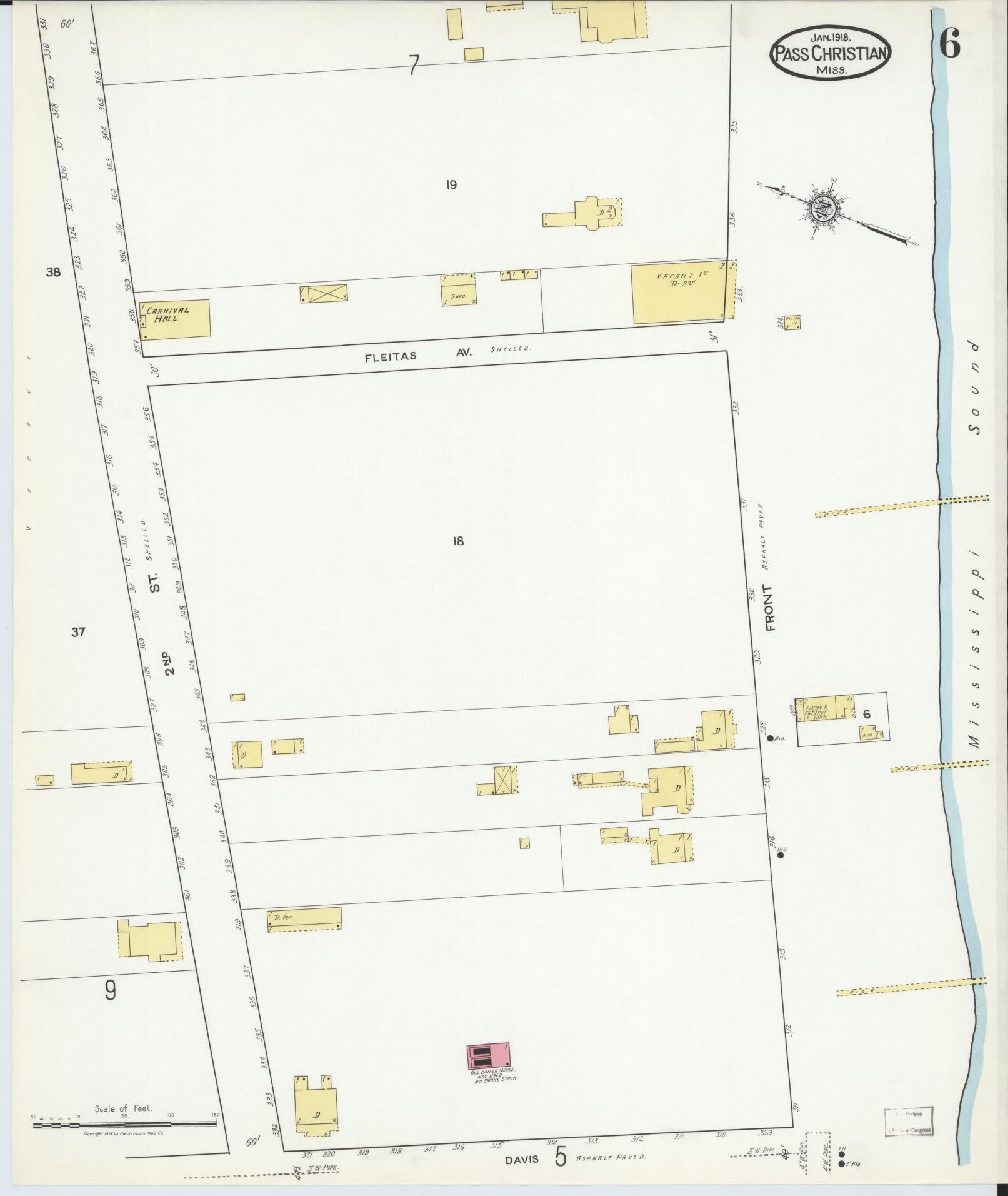 Sanborn Fire Insurance Map from Pass Christian, Harrison County, Mississippi (1918), Sheet #0006 - Complete Map Set gallery image, historic Sanborn map, vintage wall art, Mississippi Mississippi