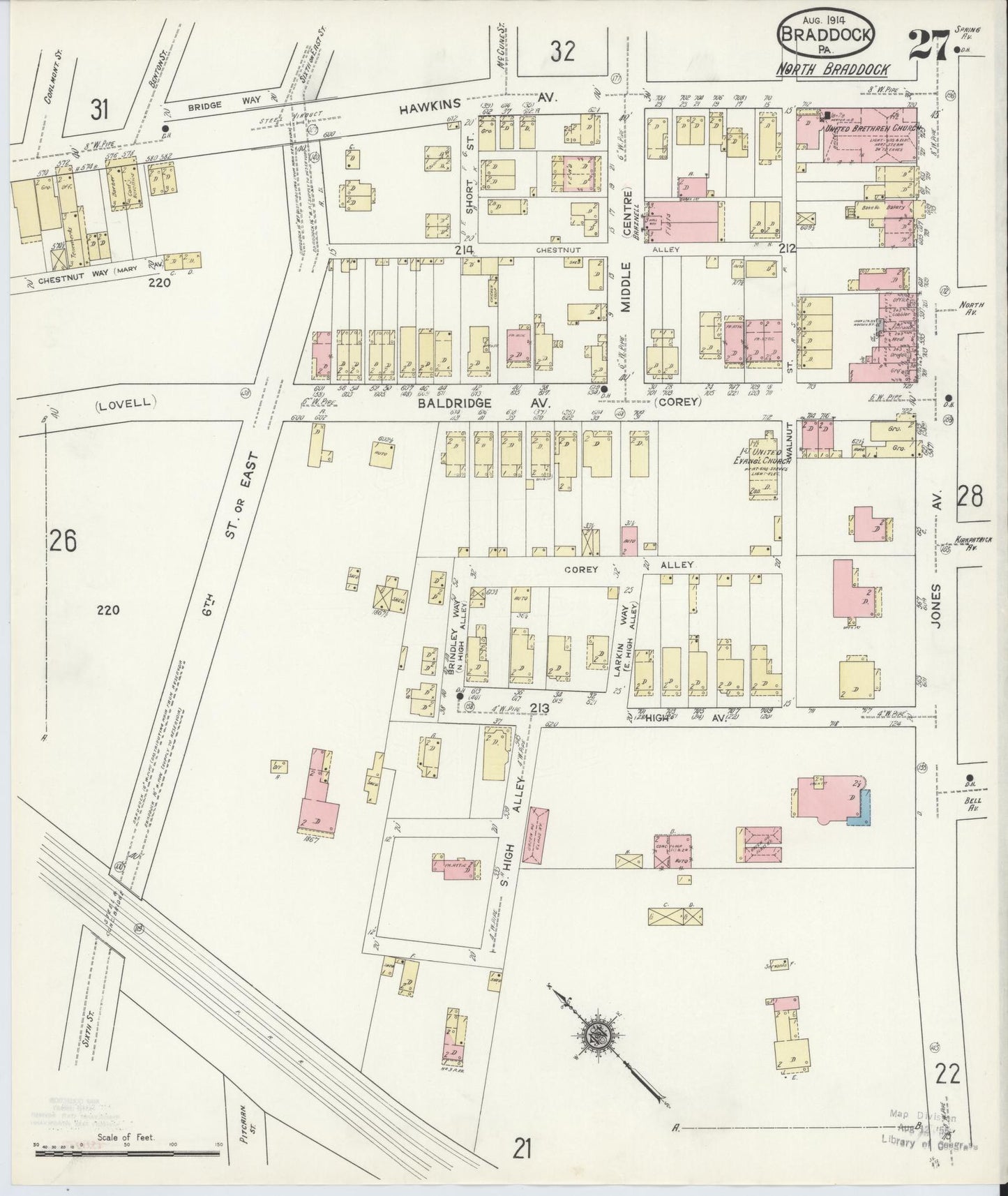 Sanborn Fire Insurance Map from Braddock, Allegheny County, Pennsylvania (1914), Sheet #0027 - Historic Sanborn Fire Insurance Map Print, vintage old map wall art, antique decor, genealogy gift, Pennsylvania Pennsylvania map