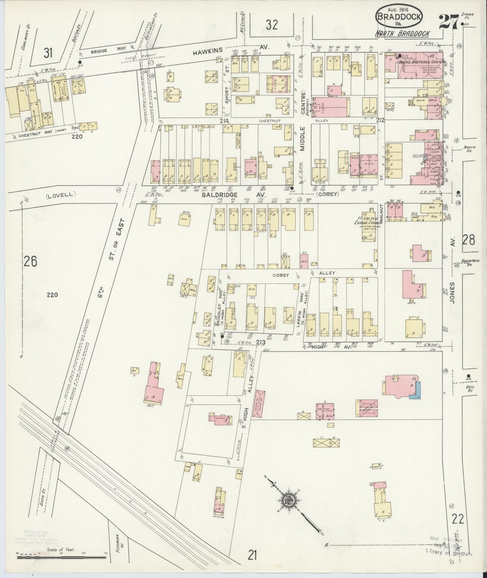 Sanborn Fire Insurance Map from Braddock, Allegheny County, Pennsylvania (1914), Sheet #0027 - Historic Sanborn Fire Insurance Map Print, vintage old map wall art, antique decor, genealogy gift, Pennsylvania Pennsylvania map