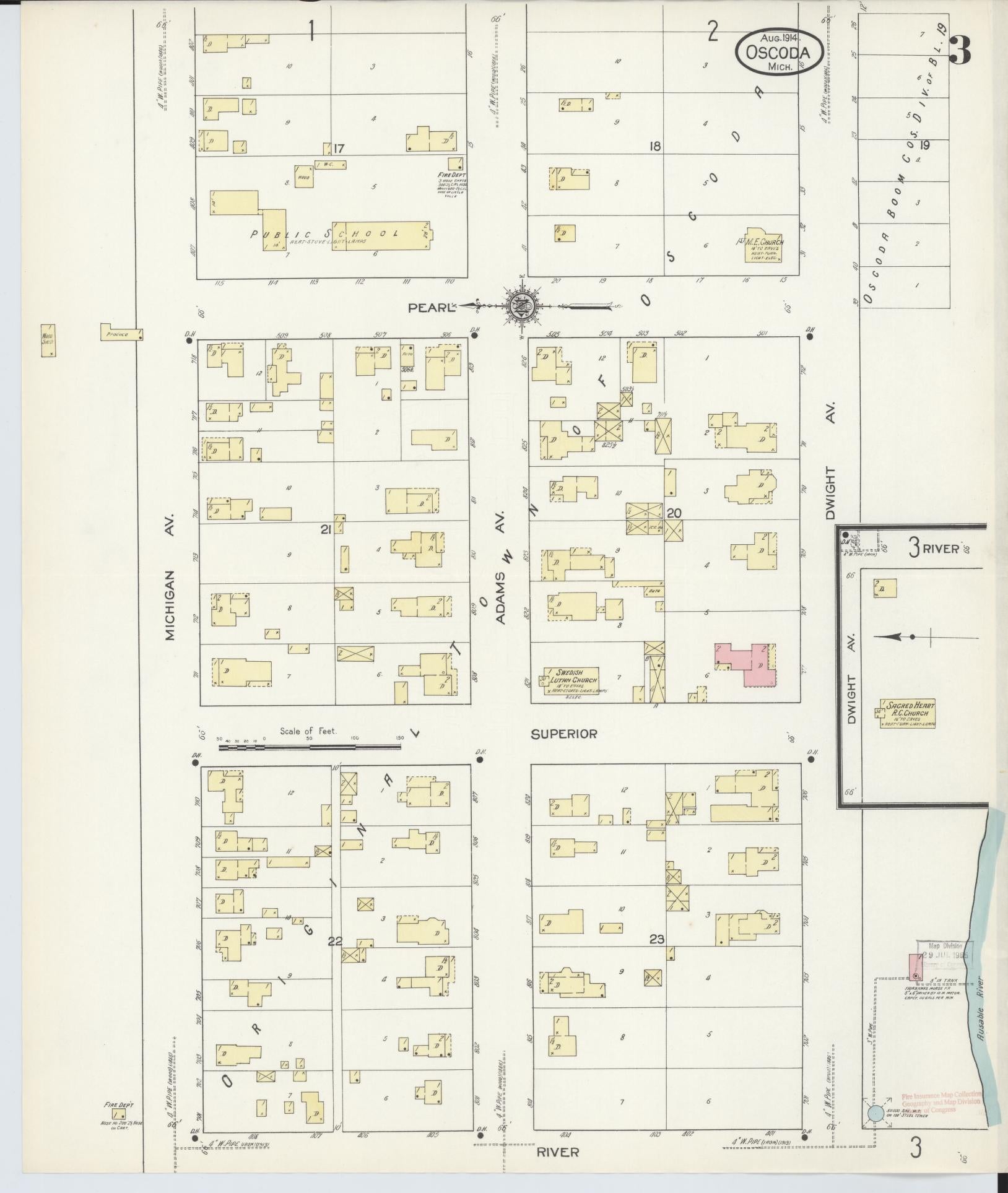Sanborn Fire Insurance Map from Oscoda, Iosco County, Michigan (1914), Sheet #0003 - Complete Map Set gallery image, historic Sanborn map, vintage wall art, Michigan Michigan
