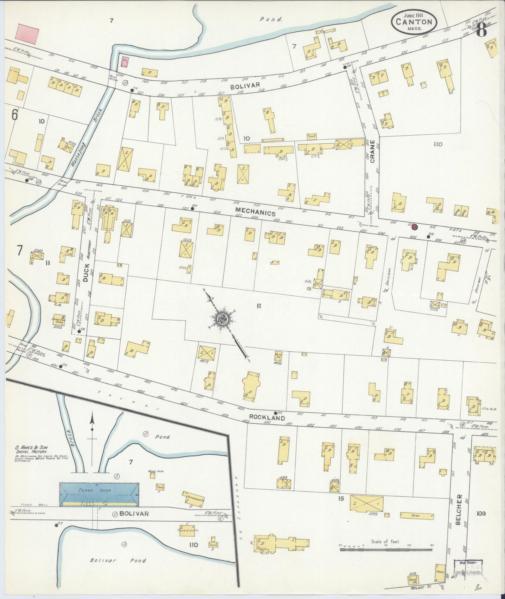 Sanborn Fire Insurance Map from Canton, Norfolk County, Massachusetts (1911), Sheet #0008 - Historic Sanborn Fire Insurance Map Print, vintage old map wall art, antique decor, genealogy gift, Massachusetts Massachusetts map