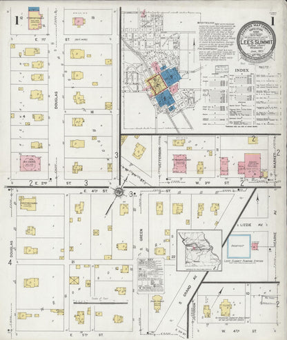 Sanborn Fire Insurance Map from Lee's Summit, Jackson County, Missouri (1927), Sheet #0001 - Historic Sanborn Fire Insurance Map Print, vintage old map wall art, antique decor, genealogy gift, Missouri Missouri map