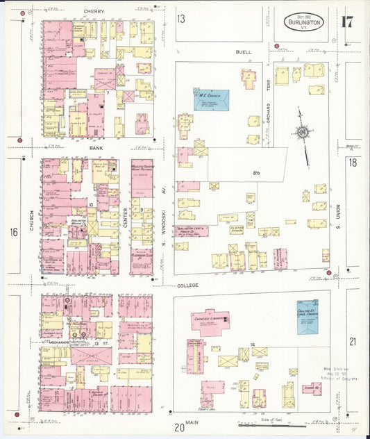 Sanborn Fire Insurance Map from Burlington, Chittenden County, Vermont (1912), Sheet #0017 - Historic Sanborn Fire Insurance Map Print, vintage old map wall art, antique decor, genealogy gift, Vermont Vermont map