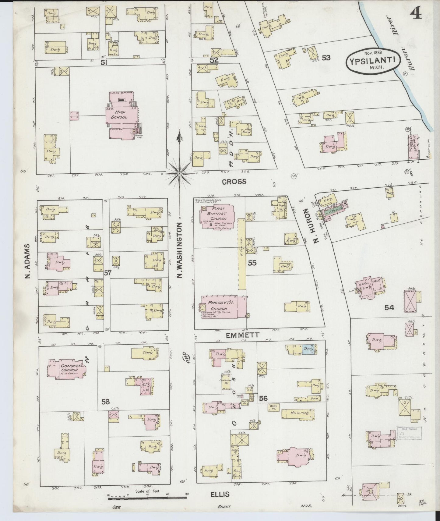 Sanborn Fire Insurance Map from Ypsilanti, Washtenaw County, Michigan (1888), Sheet #0004 - Complete Map Set gallery image, historic Sanborn map, vintage wall art, Michigan Michigan
