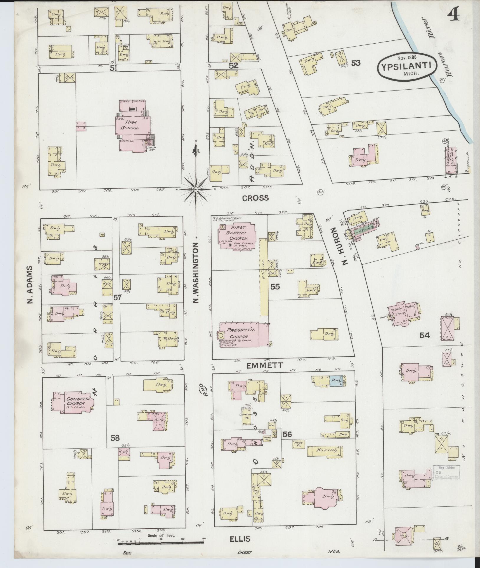 Sanborn Fire Insurance Map from Ypsilanti, Washtenaw County, Michigan (1888), Sheet #0004 - Complete Map Set gallery image, historic Sanborn map, vintage wall art, Michigan Michigan