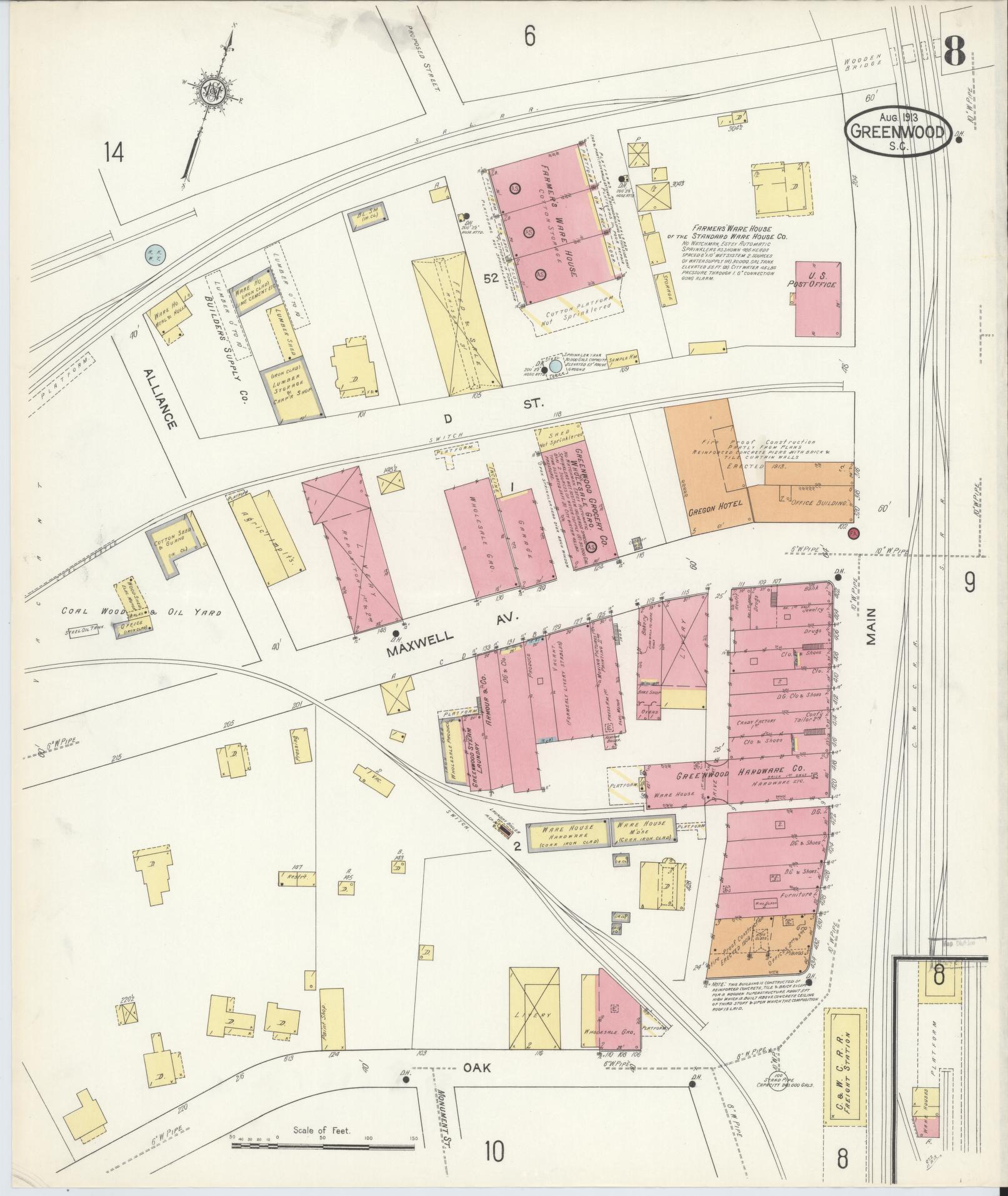 Sanborn Fire Insurance Map from Greenwood, Greenwood County, South Carolina (1913), Sheet #0008 - Historic Sanborn Fire Insurance Map Print, vintage old map wall art, antique decor, genealogy gift, South Carolina South Carolina map