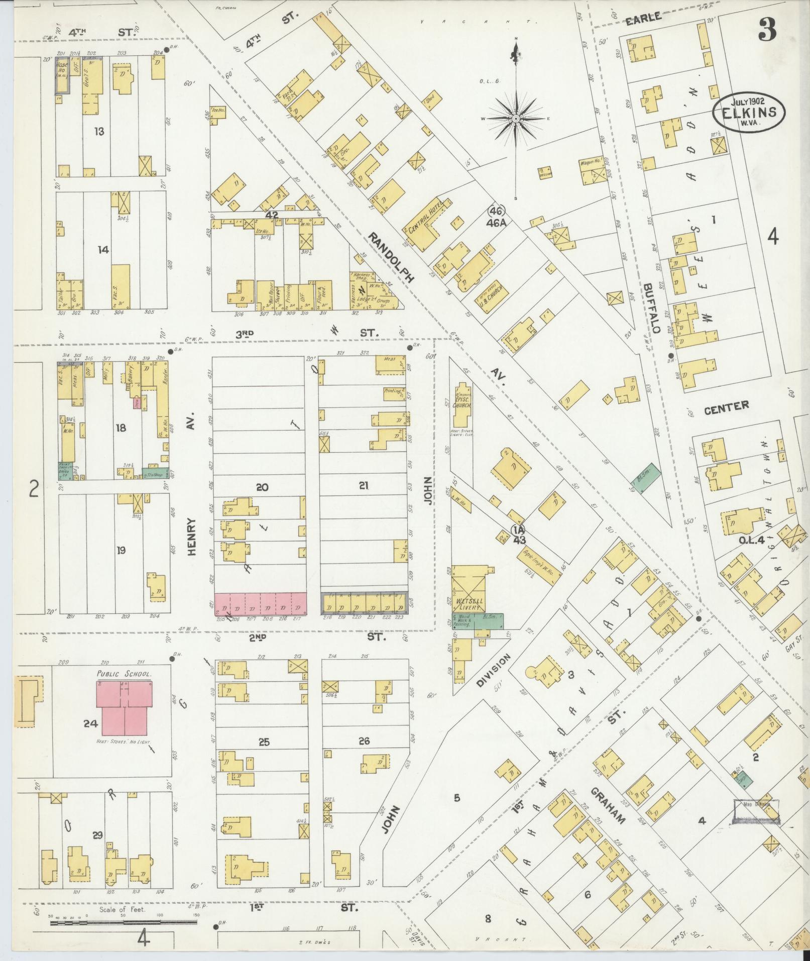 Sanborn Fire Insurance Map from Elkins, Randolph County, West Virginia (1902), Sheet #0003 - Historic Sanborn Fire Insurance Map Print, vintage old map wall art, antique decor, genealogy gift, West Virginia West Virginia map
