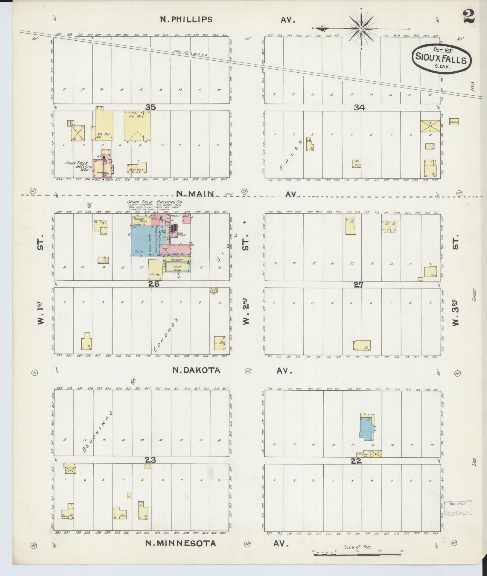 Sanborn Fire Insurance Map from Sioux Falls, Minnehaha County, South Dakota (1891), Sheet #0002 - Historic Sanborn Fire Insurance Map Print, vintage old map wall art, antique decor, genealogy gift, South Dakota South Dakota map